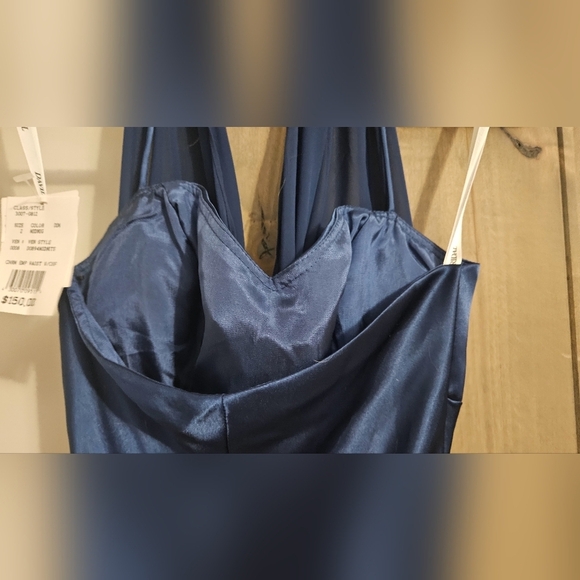 DAVIDS BRIDAL Charmeuse Chiffon Illusion Halter Dress in Blue. Size 2 NWT - Picture 13 of 15